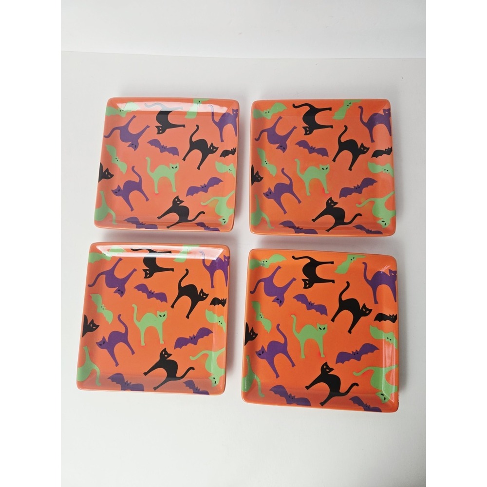 Crate & Barrel Halloween Black Cat plates Appetizer square‎ set of 4 Dessert